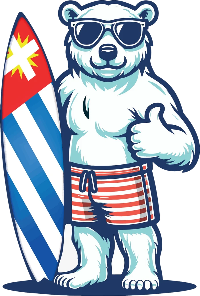 Urso polar mascote da Gelo Ubatuba com prancha na bandeira de Ubatuba, fazendo sinal de positivo