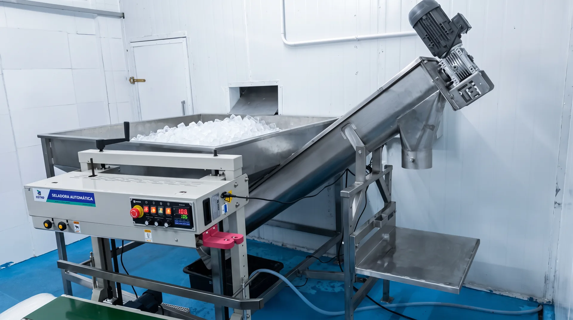Linha de produção em inox com seladora automática e esteira de gelo